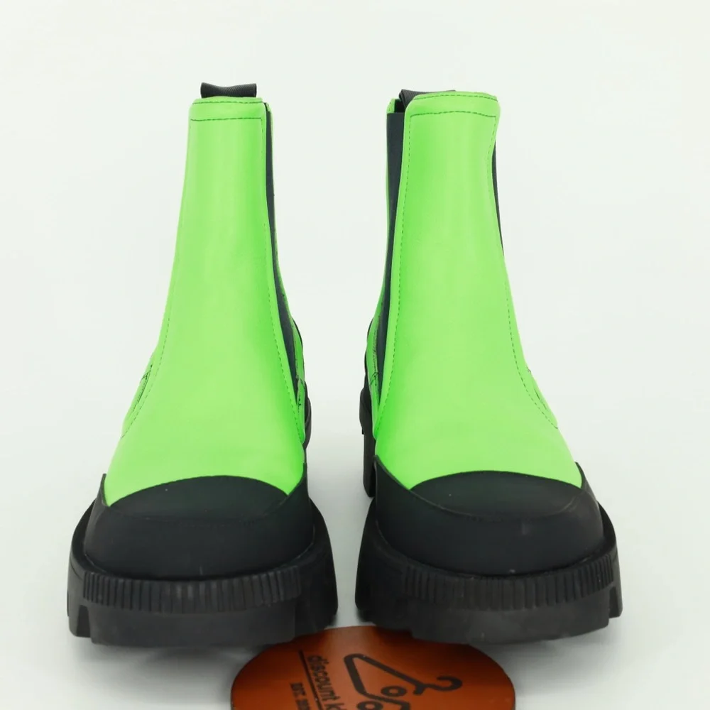 BIBI LOU Ankle Leather Boots Acid Green Lug‎ sole, Round toeline